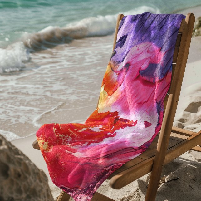 Colourful Modern Abstract Paint Beach Towel (Neon of Red, Pink, Orange Green Beach Towel Cover)