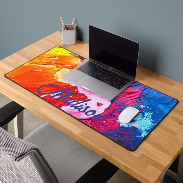Colourful Modern Abstract Paint Personalise Name Desk Mat (Office 2)