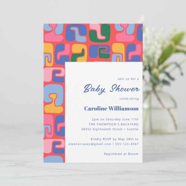 Colourful Modern Abstract Red Unique Baby Shower Invitation (Standing Front)