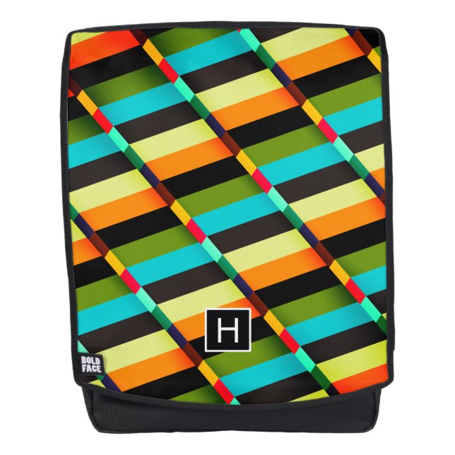 Colourful Modern Abstract Stripes & Monogram Backpack (Front)