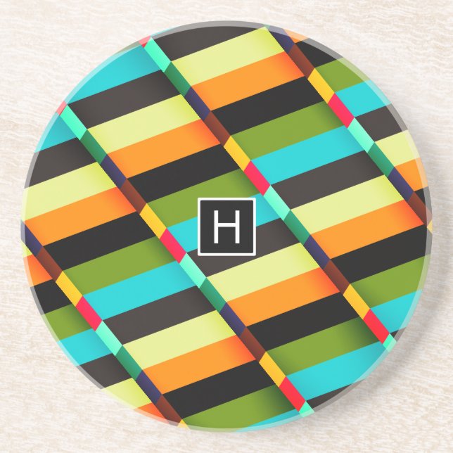 Colourful Modern Abstract Stripes & Monogram Coaster (Front)