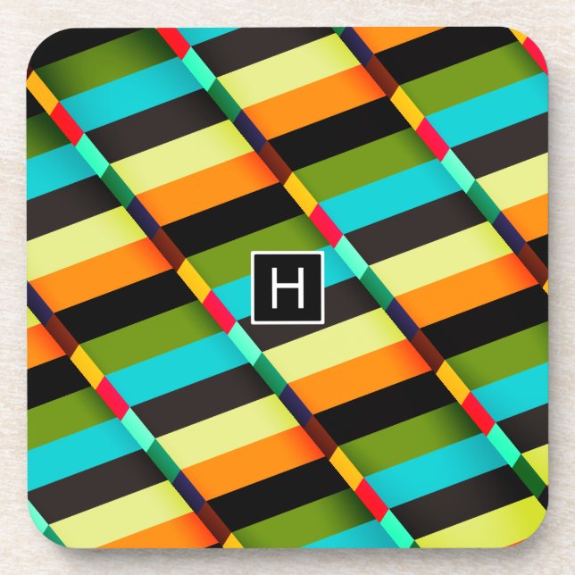 Colourful Modern Abstract Stripes & Monogram Coaster (Front)