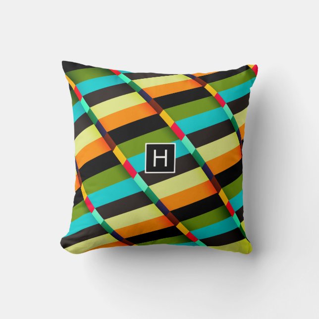 Colourful Modern Abstract Stripes & Monogram Cushion (Front)