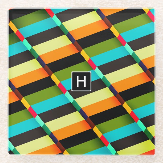 Colourful Modern Abstract Stripes & Monogram Glass Coaster (Front)
