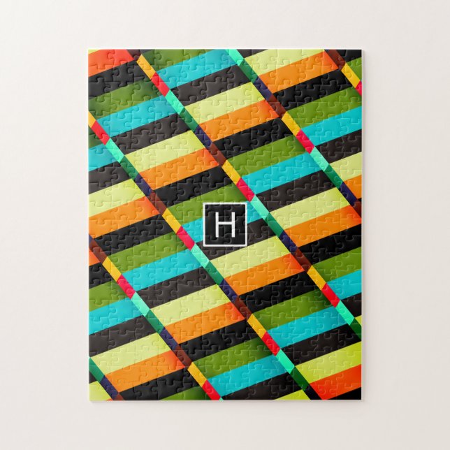 Colourful Modern Abstract Stripes & Monogram Jigsaw Puzzle (Vertical)