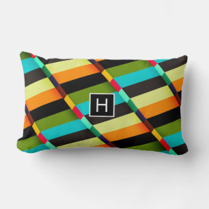 Colourful Modern Abstract Stripes & Monogram Lumbar Cushion