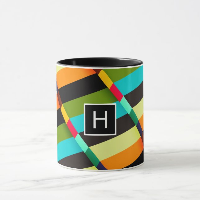 Colourful Modern Abstract Stripes & Monogram Mug (Center)