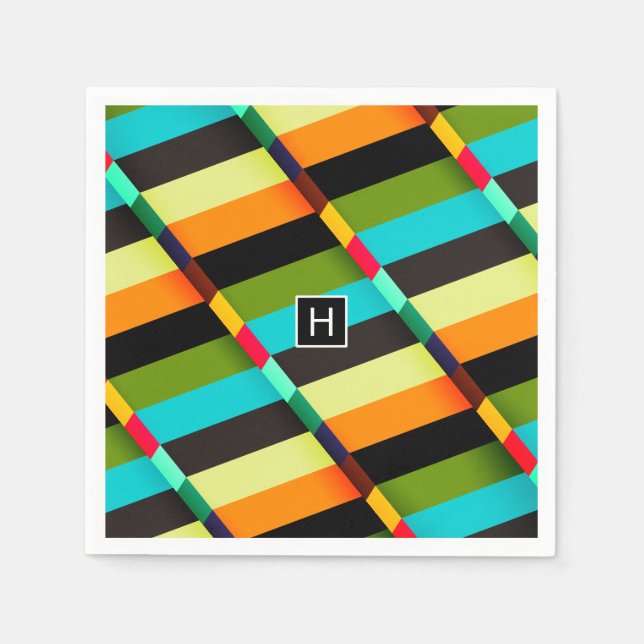 Colourful Modern Abstract Stripes & Monogram Napkin (Front)