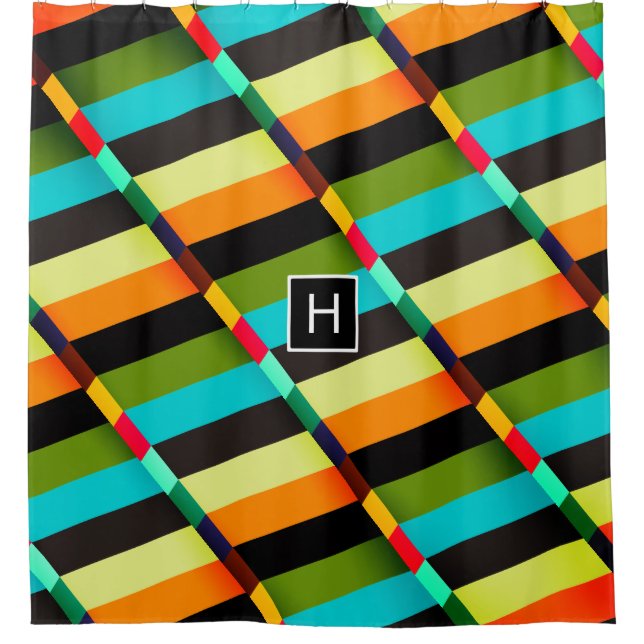 Colourful Modern Abstract Stripes & Monogram Shower Curtain (Front)