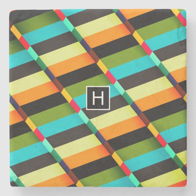 Colourful Modern Abstract Stripes & Monogram Stone Coaster (Front)