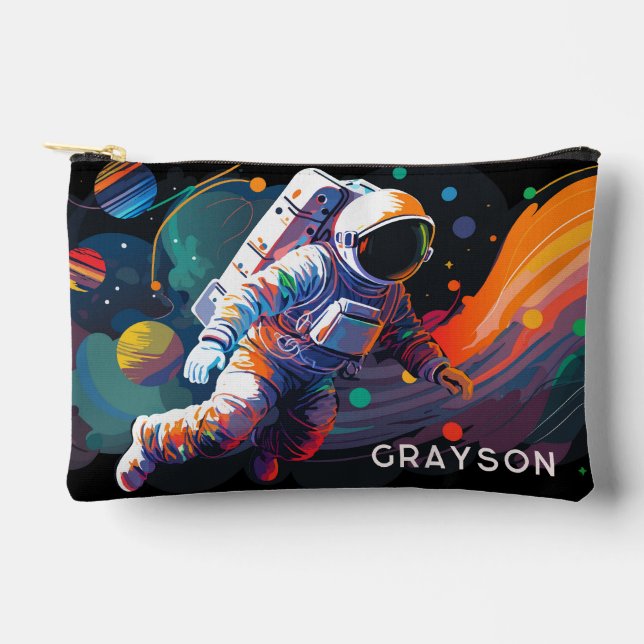 Colourful Modern Astronaut Space Personalised Name Accessory Pouch (Front)