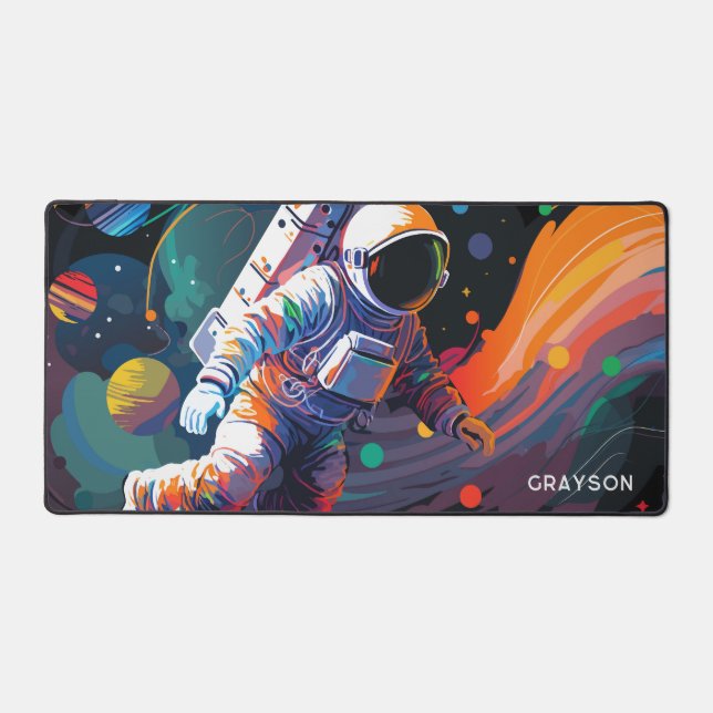 Colourful Modern Astronaut Space Personalised Name Desk Mat (Front)