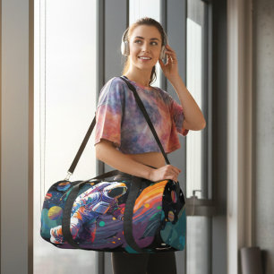 Colourful Modern Astronaut Space Personalised Name Duffle Bag