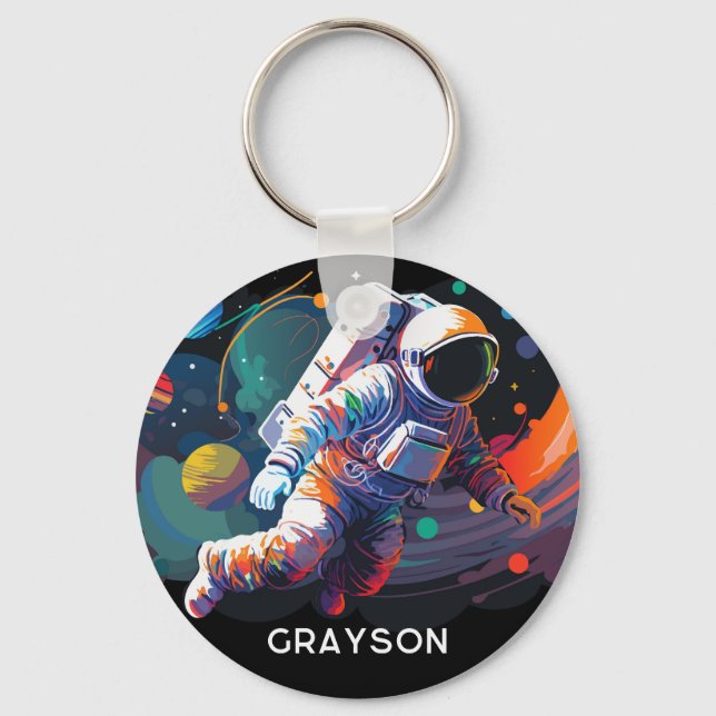Colourful Modern Astronaut Space Personalised Name Key Ring (Front)