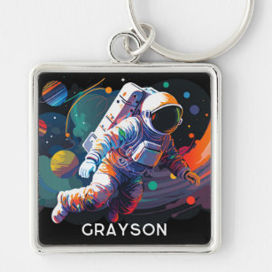 Colourful Modern Astronaut Space Personalised Name Key Ring