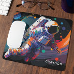Colourful Modern Astronaut Space Personalised Name Mouse Mat<br><div class="desc">Colourful Modern Astronaut Space Personalised Name Mouse Pad Mousepad features an astronaut floating though outer space with colourful planets and swishes and personalised with your name in modern script typography. Perfect as a gift for space lovers, family and friends for birthday, Christmas, holidays, Father's Day, brother, husband, partner, best friends,...</div>