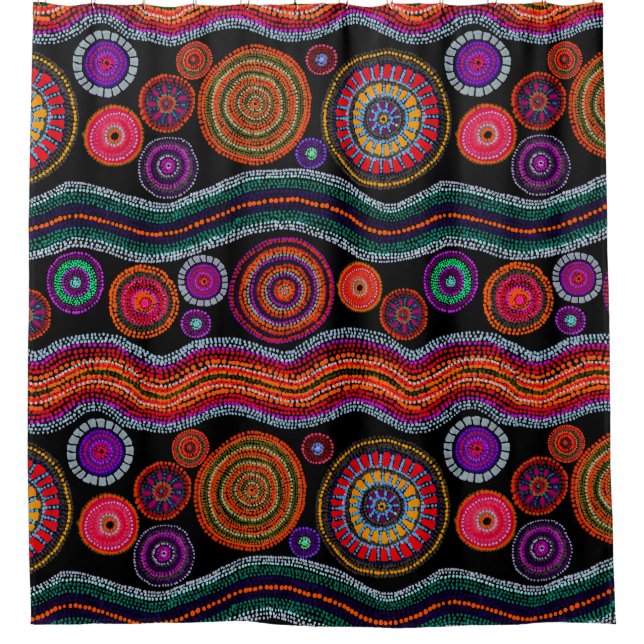Colourful Modern Australian Dot Art Tribal Pattern Shower Curtain (Front)