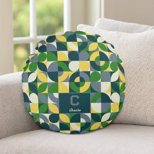 Colourful Modern Bauhaus Abstract Geometric Patter Round Cushion