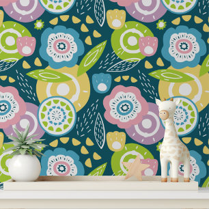 Colourful Modern Blue Yellow Pink Floral Pattern Wallpaper