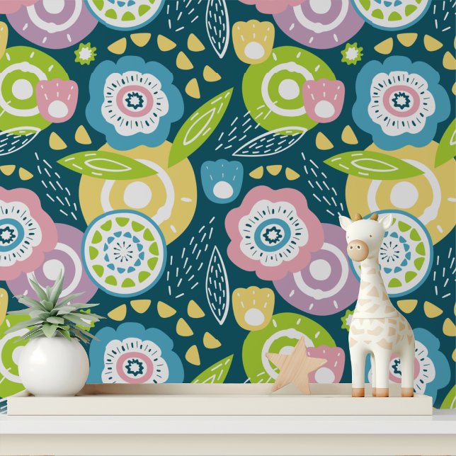 Colourful Modern Blue Yellow Pink Floral Pattern Wallpaper (Creator Uploaded)