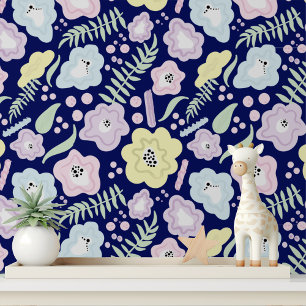 Colourful Modern Blue Yellow Purple Floral Pattern Wallpaper