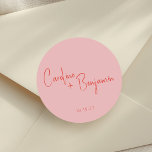 Colourful Modern Boho Pink Red Script Wedding Classic Round Sticker<br><div class="desc">Personalised Colourful Modern Boho Pink Red Script Wedding Classic Round Sticker</div>