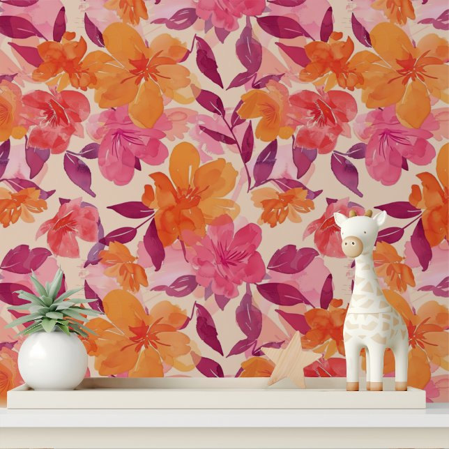 Colourful Modern Bold Pink Orange Floral Pattern Wallpaper (Creator Uploaded)