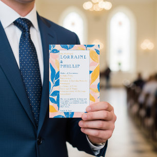 Colourful Modern Botanical blue yellow Wedding Programme