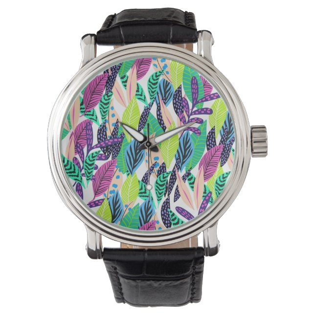 Colourful Modern Botanical Leaves Pattern Watch (Front)