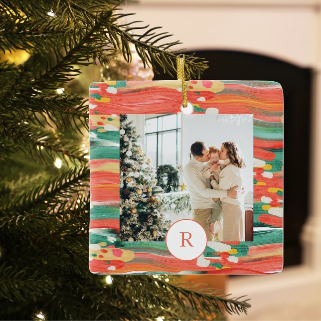 Colourful Modern Brush | Family Photo | Initial Ceramic Ornament (Creator Uploaded)