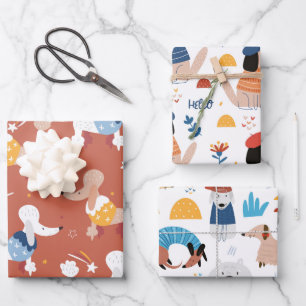 Colourful, modern cartoon illustrated dog wrapping paper sheet
