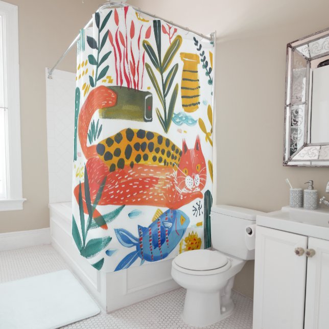 Colourful Modern Cat Art Shower Curtain (In Situ)