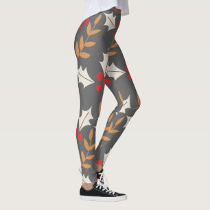 Colourful Modern Christmas Grey Holly Mistletoe Leggings