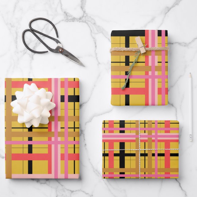Colourful Modern Cosy Plaid Pattern in Yellow  Wrapping Paper Sheet (Front)