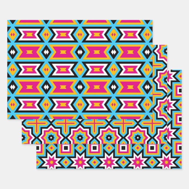 Colourful Modern Cute Trendy Geometric Patterns Wrapping Paper Sheet (Set)