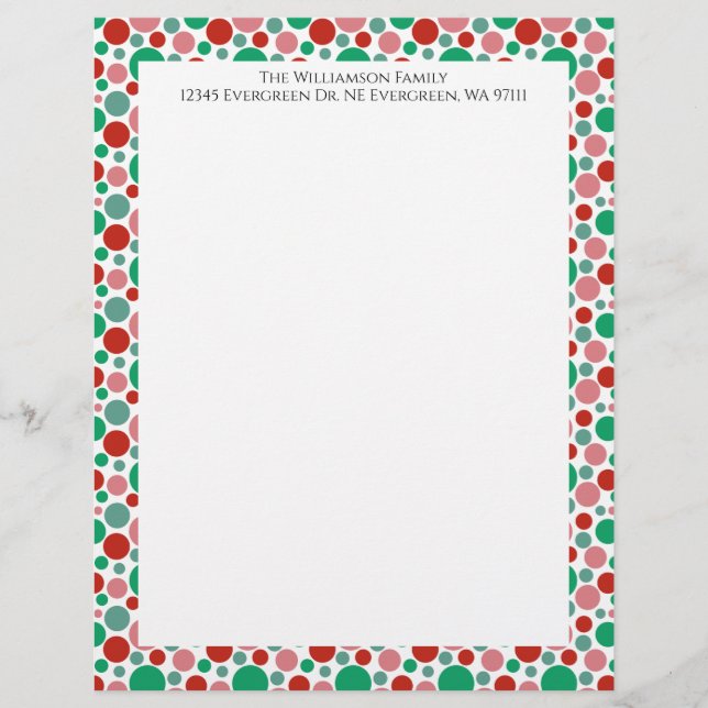 Colourful Modern Festive Polka Dot Green Red Pink Custom Letterhead (Front)