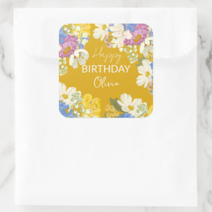 Colourful Modern Floral Blooms Birthday Celebratio Square Sticker