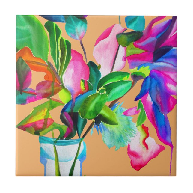 Colourful modern floral flowers watercolor tile (Front)