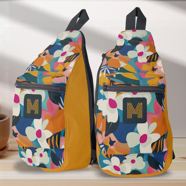 Colourful modern floral nature pattern women sling bag (Colorful retro floral pattern sling bag for women.)