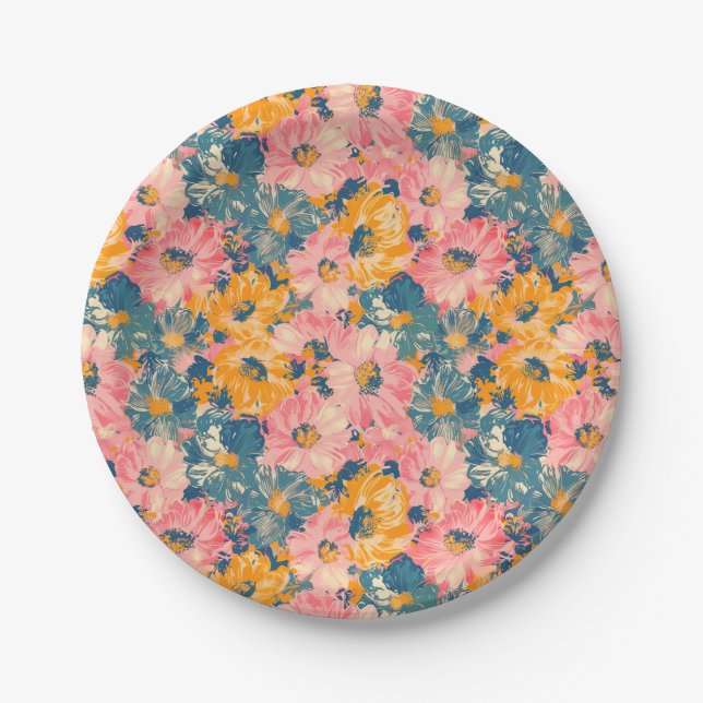 Colourful Modern Flowers Floral Pattern Paper Plate (Front)