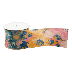 Colourful Modern Flowers Floral Pattern Satin Ribbon