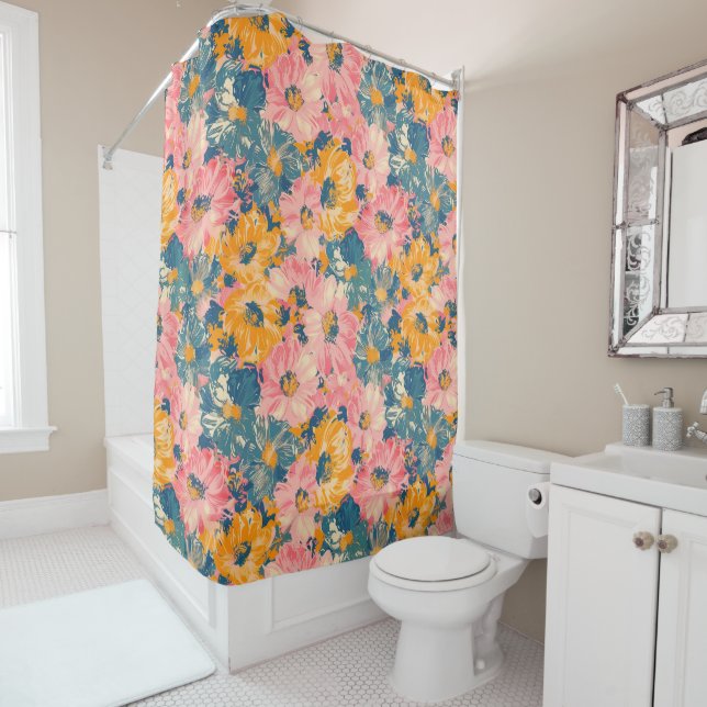 Colourful Modern Flowers Floral Pattern Shower Curtain (In Situ)