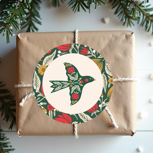 Colourful Modern Folk Floral Bird Christmas Holida Classic Round Sticker (Creator Uploaded)