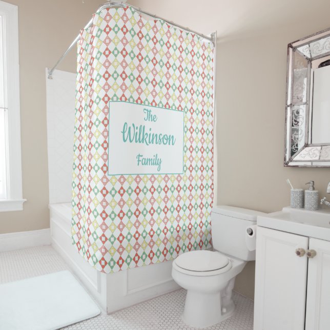 Colourful Modern Geometric  Pattern & Family Name Shower Curtain (In Situ)