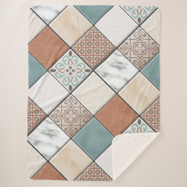 Colourful Modern Geometric Tile Texture Pattern Sherpa Blanket (Front)