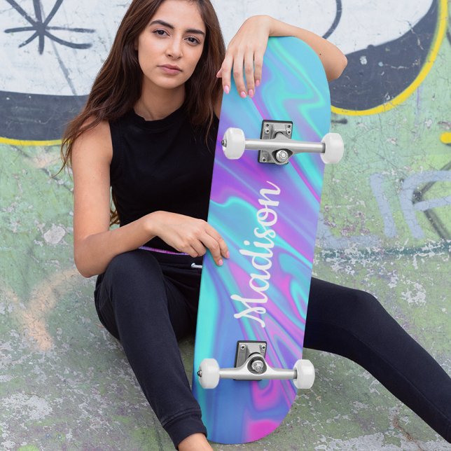 Colourful Modern Girly Blue Pink Liquid Marble Skateboard (Creator Uploaded)