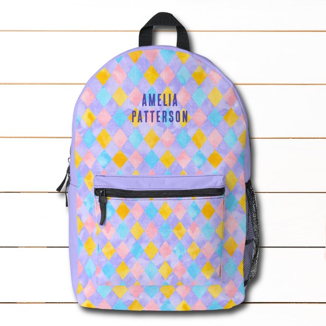 Colourful Modern Girly Diamond Pattern Personalise Printed Backpack (Creator Uploaded)