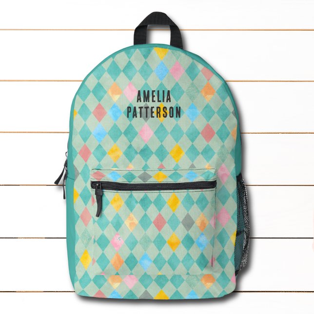Colourful Modern Girly Diamond Pattern Personalise Printed Backpack (Creator Uploaded)