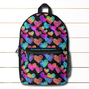 Colourful Modern Girly Glitter Hearts Personalised Printed Backpack