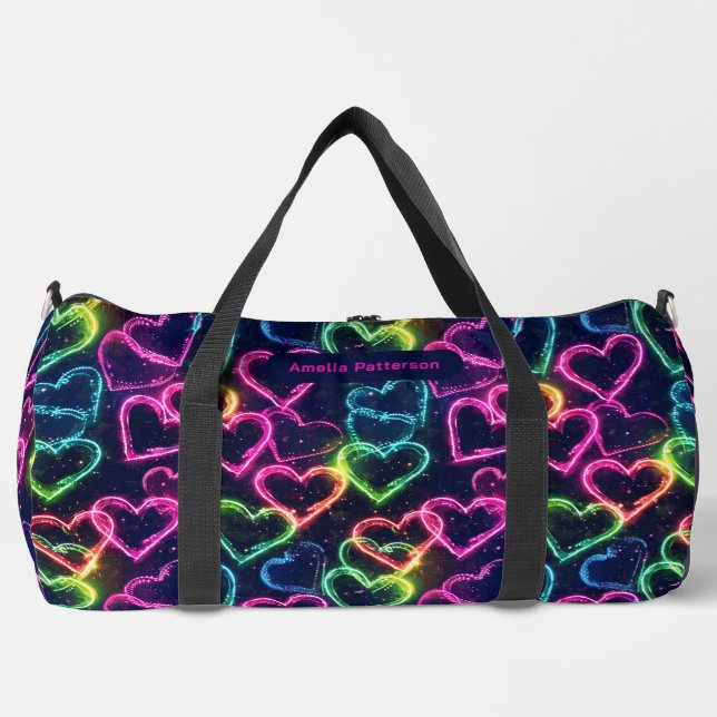 Colourful Modern Girly Neon Love Heart Personalise Duffle Bag (Front)